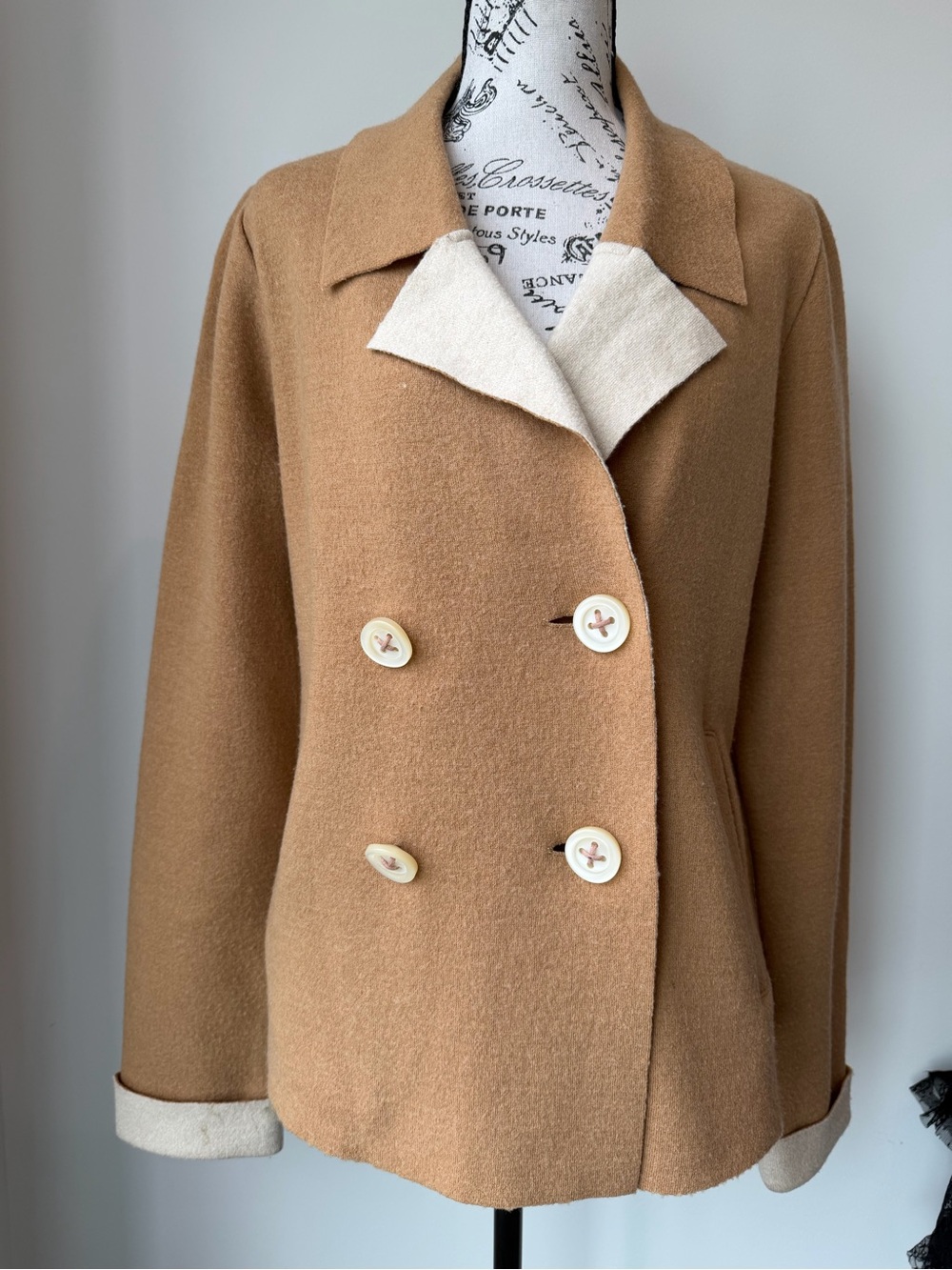 HWR Anthropologie Beige Long Sleeve Double Breasted Boiled Wool Jacket